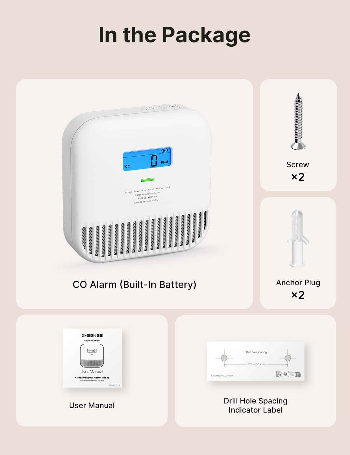 X-Sense Carbon Monoxide Detector, Built-in 10-Year Battery Powered, Portable Carbon Monoxide Detector for Home, Model XC0K-SN, 2-Pack