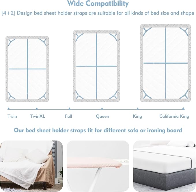 Bed Sheet Holder Straps, 4+2 Pcs Adjustable Mattress Sheet Clips, Bed Sheet Fasteners Elastic Sheet Suspenders to Keep Bed Sheet in Place for Different Beds (Blue)