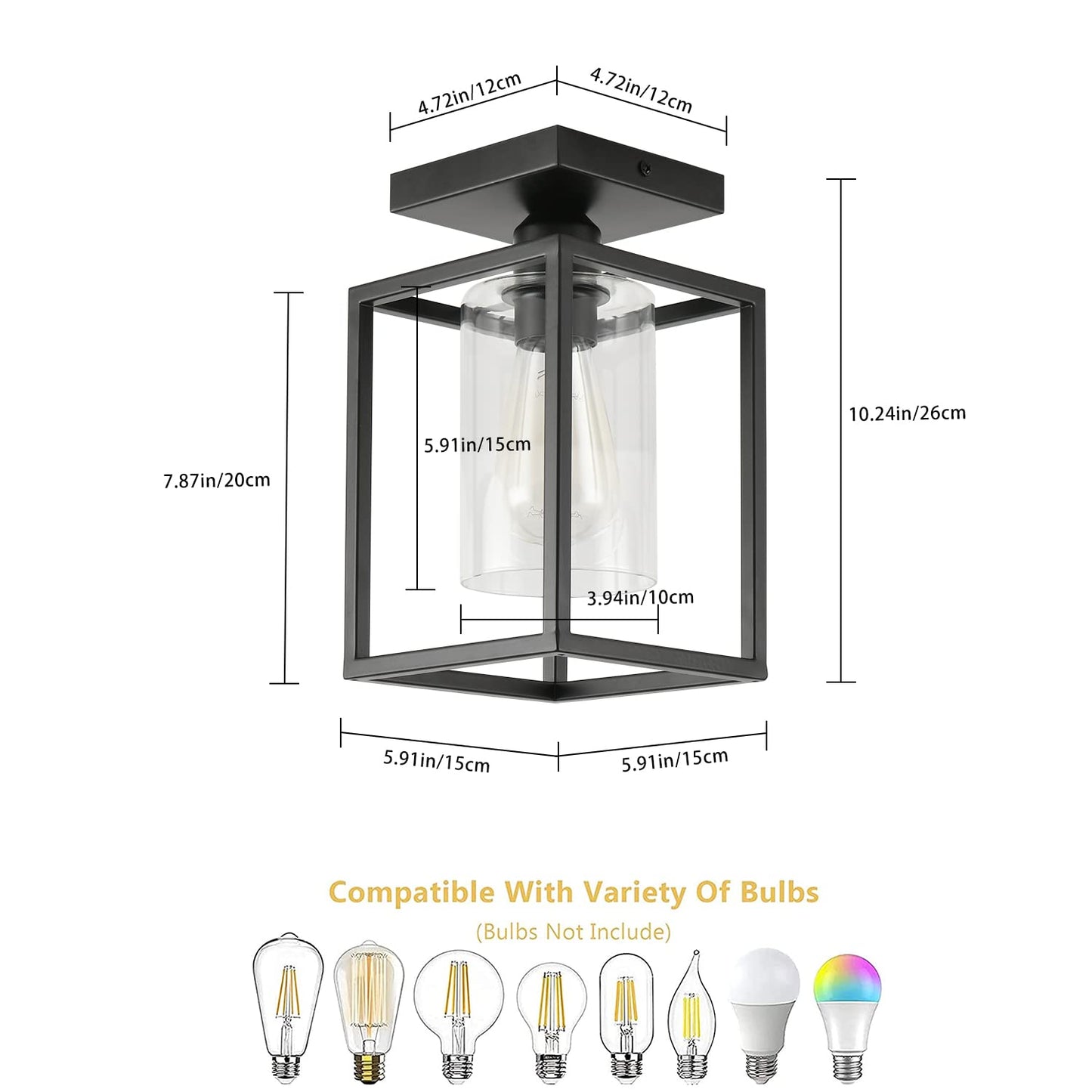 IHENGYANLT 1 Pack Semi Flush Mount Black Metal Frame Ceiling Light with Clear Glass Shade, Farmhouse Fixture for Kitchen, Island, Entryway, Porch, Foyer, Dining Room