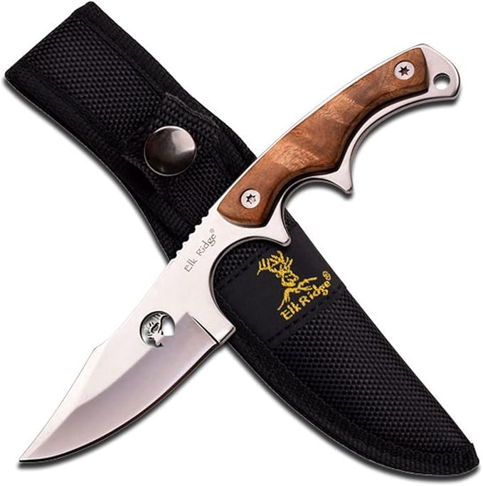 Elk Ridge - Outdoors Fixed Blade Knife - 6.75-in Overall, Mirror Finished Stainless Steel Blade, Burl Wood Handle - Full T...