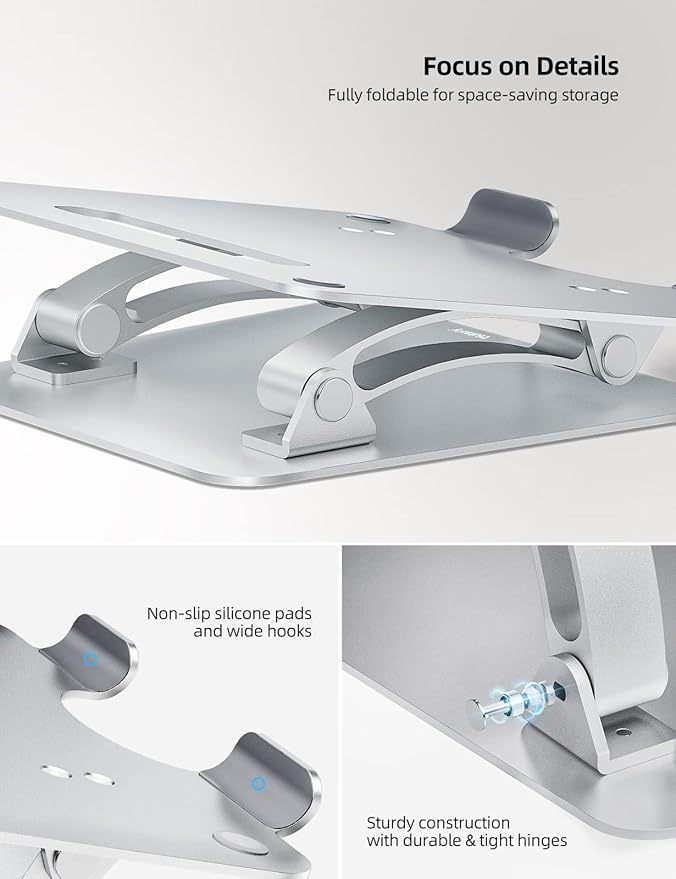 Nulaxy Fully Adjustable Laptop Stand for Desk, Dual Foldable Aluminum Computer Riser with Heat-Vent, Ergonomic Notebook Holder Portable Office Accessories Compatible with All 10-17" Laptops, Silver