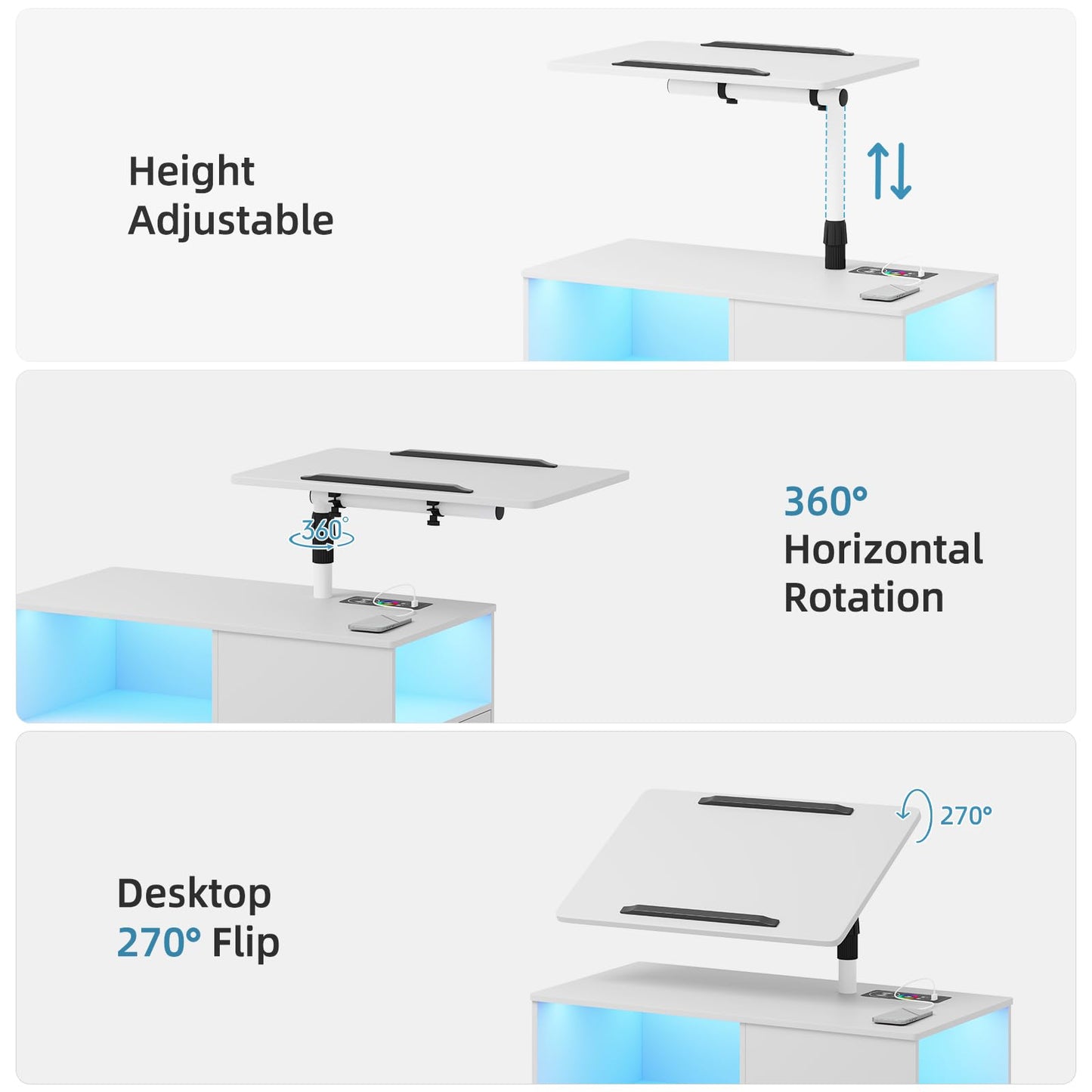 Gurexl 360° LED Nightstand with Wireless Charging Station, Movable Adjustable Bedside Table with Laptop Tray, Auto Sensor Night Stand with 24 Color Dimmable