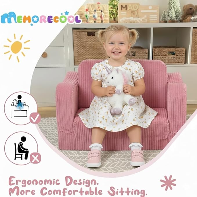 MeMoreCool Toddler Chair & Kids Couch Bed 2‑in‑1 Foldable Lounge Pink (1‑3 yrs) — Convertible Fold‑Out Seat to Sofa Bed for Toddlers, Soft Corduroy Finish, Machine‑Washable Cover, Ideal for Playrooms