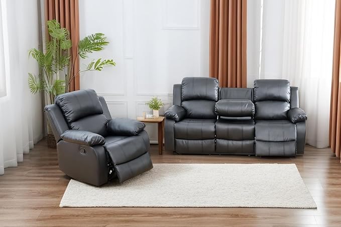 A Ainehome Living Room Furniture Set Leather Recliner Sofa Set Loveseat Chair Furniture Sofa Set for Living Room/Small Space/Rv/House/Office/Theater Seating (A-Black Leather, Sofa+Chairs)