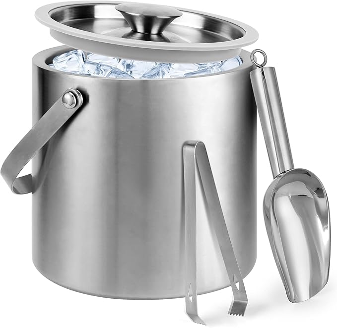 Yeatruojeet Ice Granule Bucket 3L Double Wall Ice Bucket with Lid,Scoop,Tongs- Inner Layer 304 Stainless Steel Ice Contain...