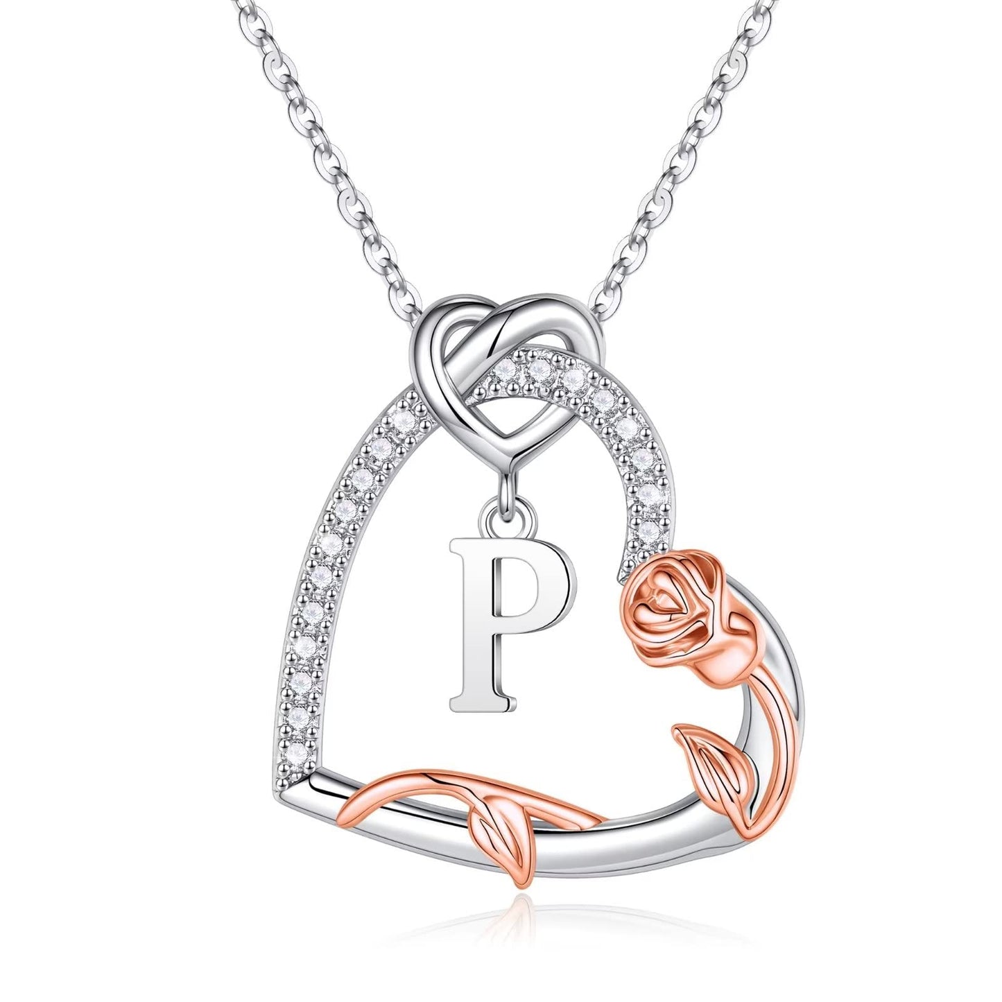 Iefil Rose Heart Necklace Gifts for Women, 925 Sterling Silver Initial P Letter Heart Pendant Necklace, Anniversary Wife Gifts f