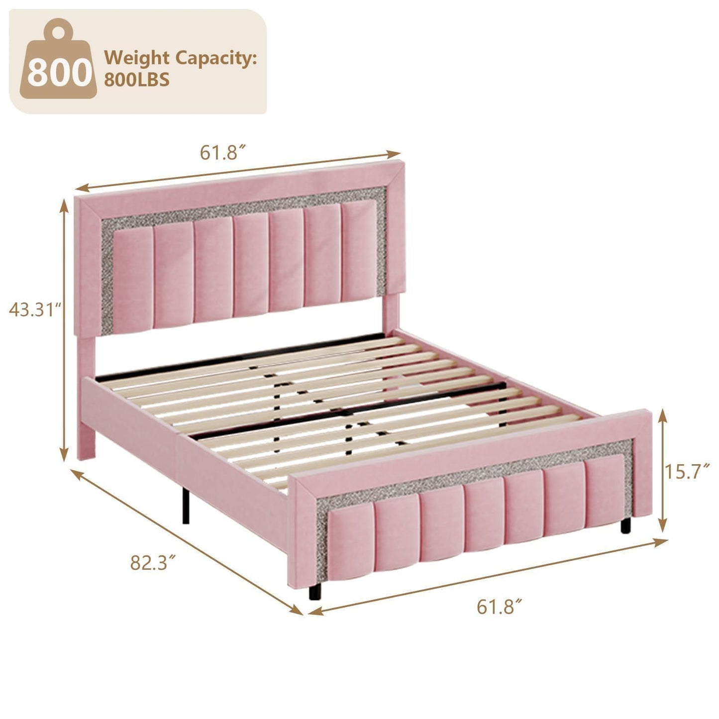 Queen Bed Frame with Headboard, Pink Velvet Upholstered Bed Frame with Diamond Footboard, Soft Bed Frames, Vertical Channel Tufted Design, No Box Spring Needed, Easy Assembly, Pink