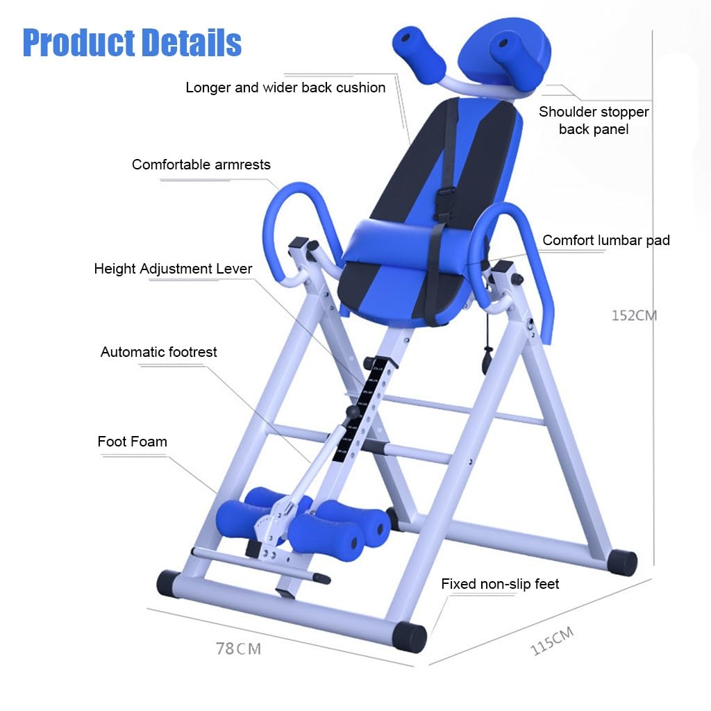 Gravity Heavy Duty Inversion Table with Headrest & Adjustable Protective Belt Back Stretcher Machine for Pain Relief Therapy (Color : Blue)