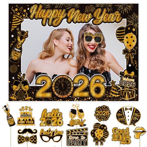 DONCIDAY New Year Eve Photo Booth Props & Frame Set, 2026 Happy New Year's Eve Party Accessories Decoration