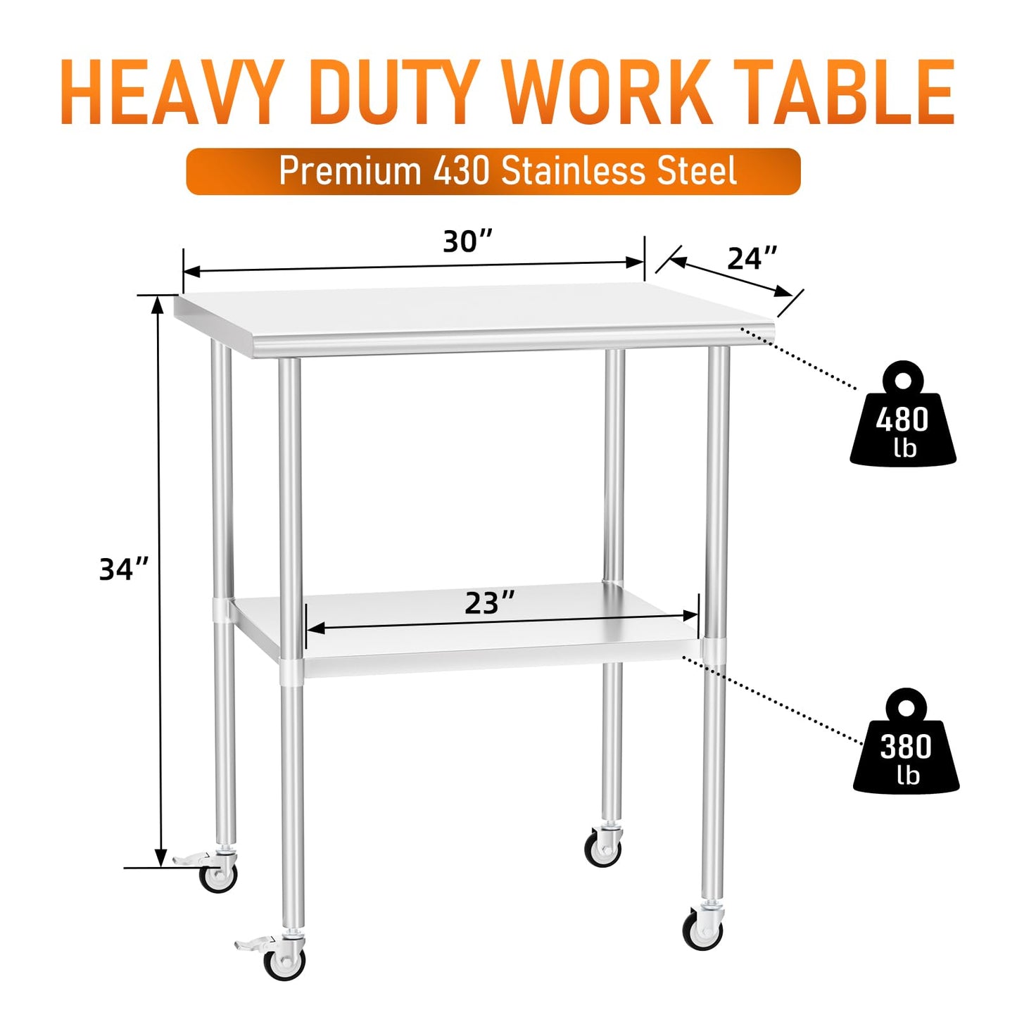 HOCCOT Stainless Steel Table with Wheels 24" x 30" Utility Worktable with Adjustable Undershelf for Commercial Kitchen, Garage, Restaurant