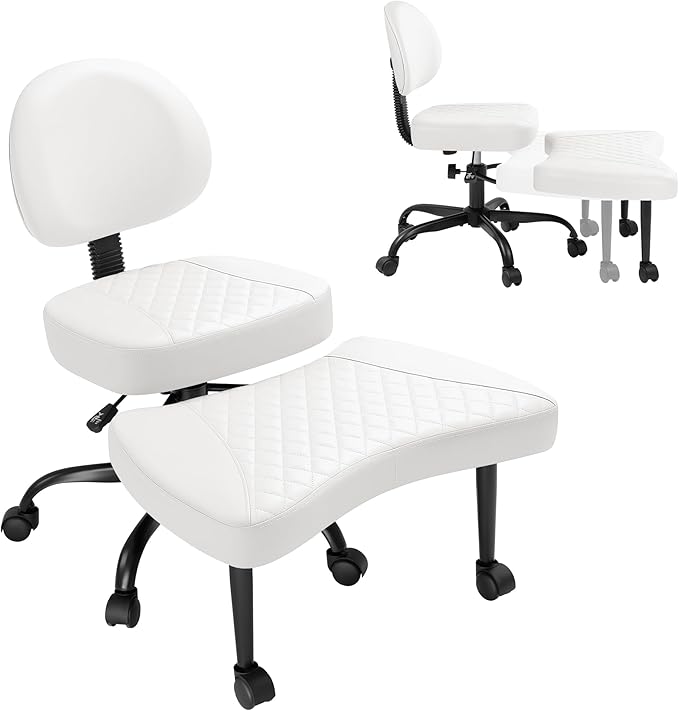 GUNJI Ergonomic Criss Cross Legged Office Chair, 360° Swivel Meditation Kneeling Chair with Wheels, ADHD Chair with Footrest, Lumbar Support, Wider Height Adjustable Seat (Faux Leather, White)