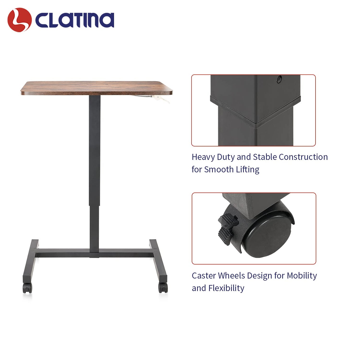 CLATINA Round Edge Design Elegant Mobile Laptop Desk Pneumatic Sit to Stand Table, Height Adjustable Rolling Cart with Lockable Wheels for Home Office Computer Workstation, 28" x 19" Brown