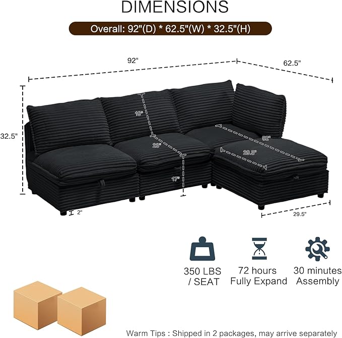 FIRLZY 92" Modular Sectional 4 Seater Sofa with Removable Covers and Storage, Convertible L-Shaped and Sleeper Sectional, Modern Corduroy Couches with Ottoman Chaise for Living Room, Apartment, Black