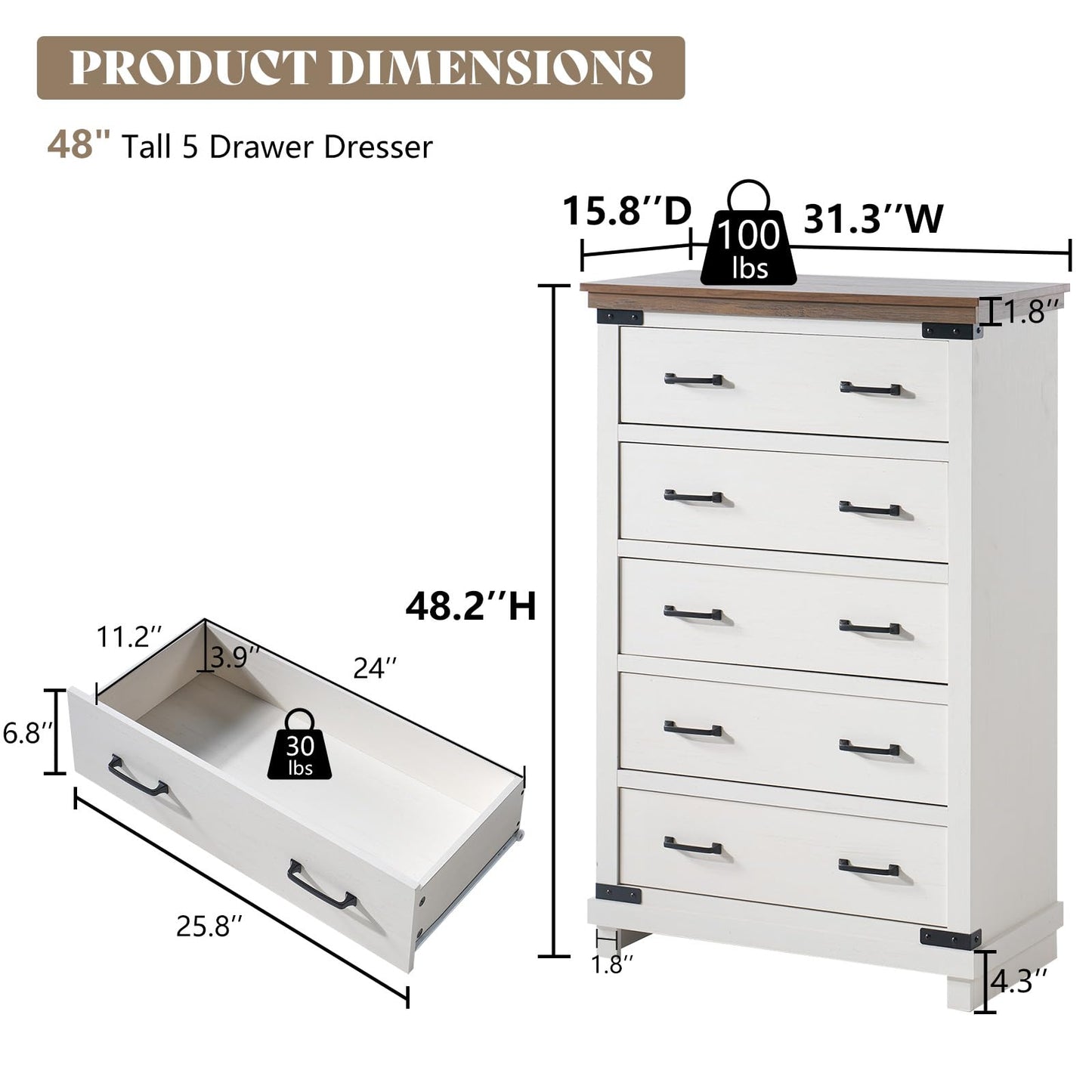 AMERLIFE 2 Pieces Farmhouse Bedroom Set, Includes Wood Rustic Queen Size Bed Frame with 54" Tall Headboard, 48" Tall 5 Drawers Dresser Chest, Heavy Duty Thick Plank Styling, Antique White