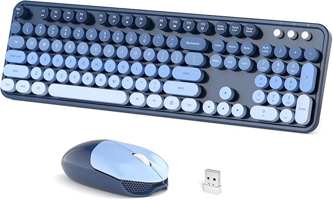 Wireless Keyboard Mouse Combo, Retro Typewriter Full-Size Keyboard with Round Keycaps, 2 in 1 USB Connected Mouse for Windows PC, Laptop, Computer, Desktop, Home and Office Use