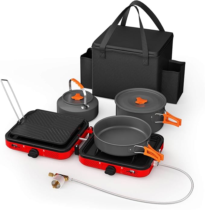 Hisencn Camping Stove,2 Burner Propane Stove,20000 BTU/h Camping Cooking set Includes Frying Pan,Kettle and Pot,Adjustable...