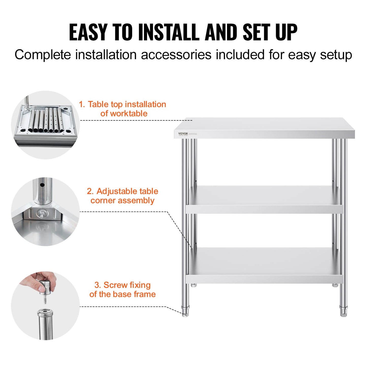 VEVOR Stainless Steel Food Prep Table, 18 x 36 x 34 Inch Commercial Kitchen Worktable, with 2 Adjustable Undershelf, Heavy Duty Prep Metal Work Table for BBQ, Kitchen, Home, and Garage