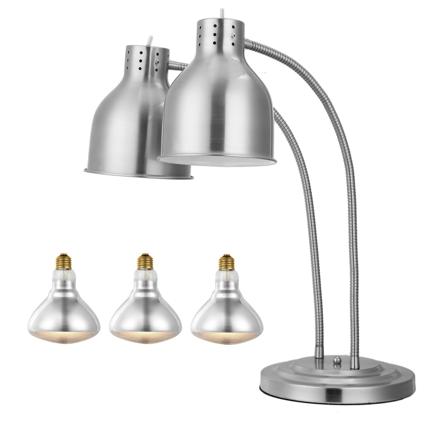 VEVOR Food Heat Lamp, 500W Electric Commercial Food Warmer Light, 2-Head Stainless Steel French Fry Heating Lamp with 3 Bulbs, Catering Food Warming Equipment for Kitchen, Buffet, Restaurant, Silver