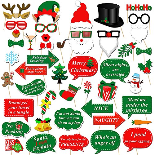 Christmas Photo Booth Props Kit(47Pcs), Konsait DIY Christmas Photo Booth with Stick Funny Xmas Selfie Props Accessories f...