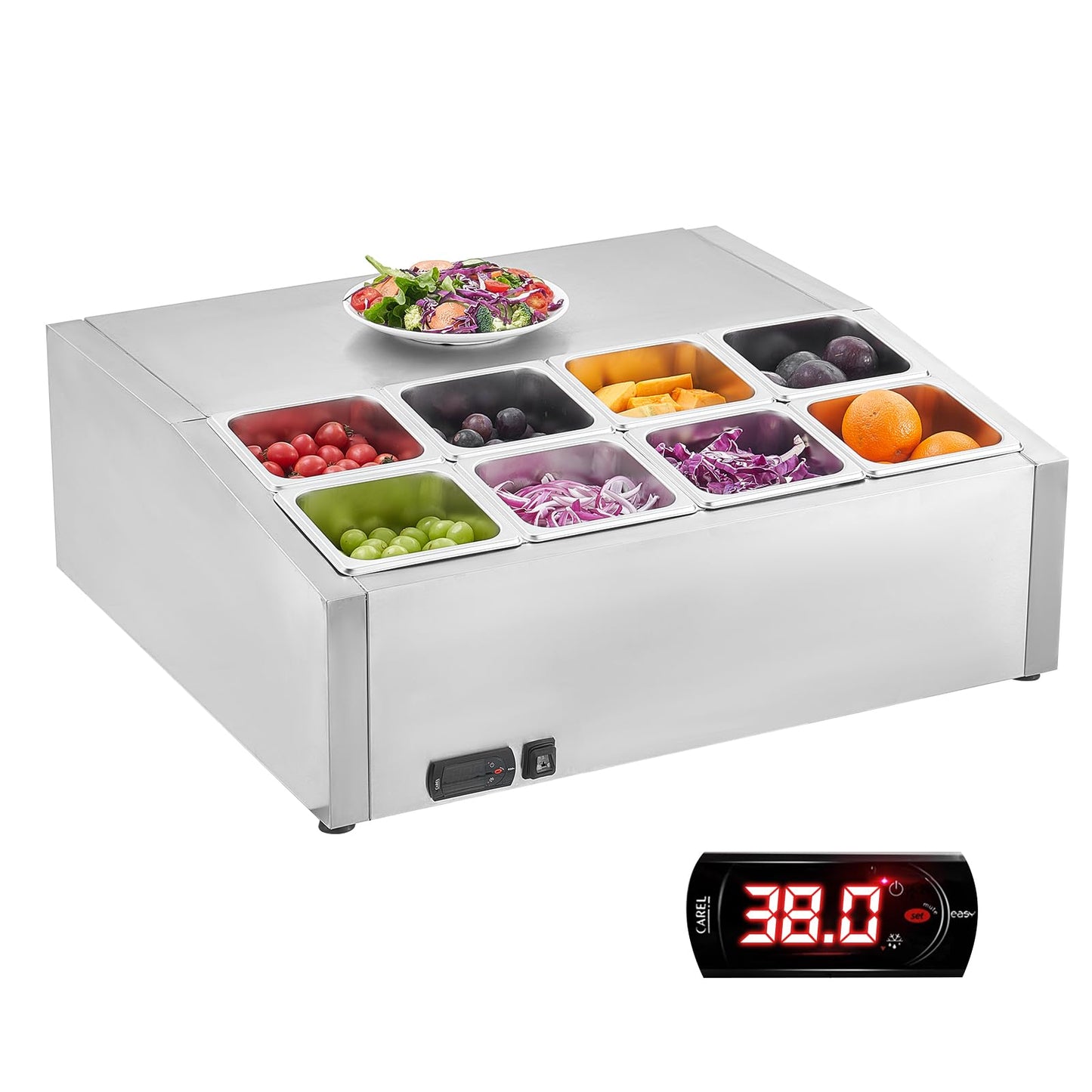 VEVOR Refrigerated Condiment Prep Station, 150 W Countertop Refrigerated Condiment Station, with Eight 1/6 Pans, 304 Stainless Body and PC Lid, Sandwich Prep Table, for Restaurant & Food Stall