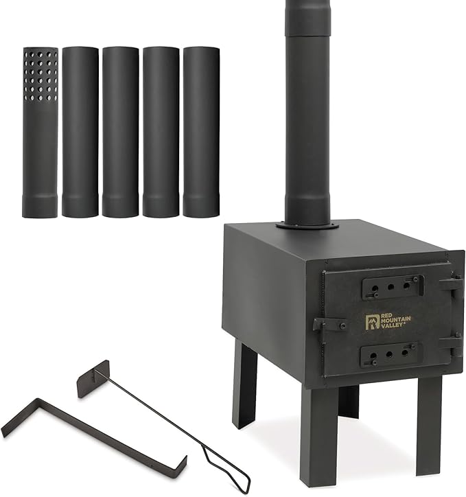 Red Mountain Valley Outdoor Camping Wood Stove, Portable Hot Wood Burning Tent stove with 5-Section Chimney and 2 Dual Rak...