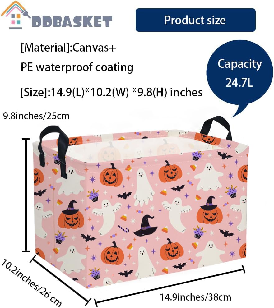 DDBASKET Rectangular Halloween Basket Pink Baskets Trick or Treat Basket Rectangular Toy Storage Bin Organizer Box Room Decor for Halloweens Parties.(Pink Halloween)