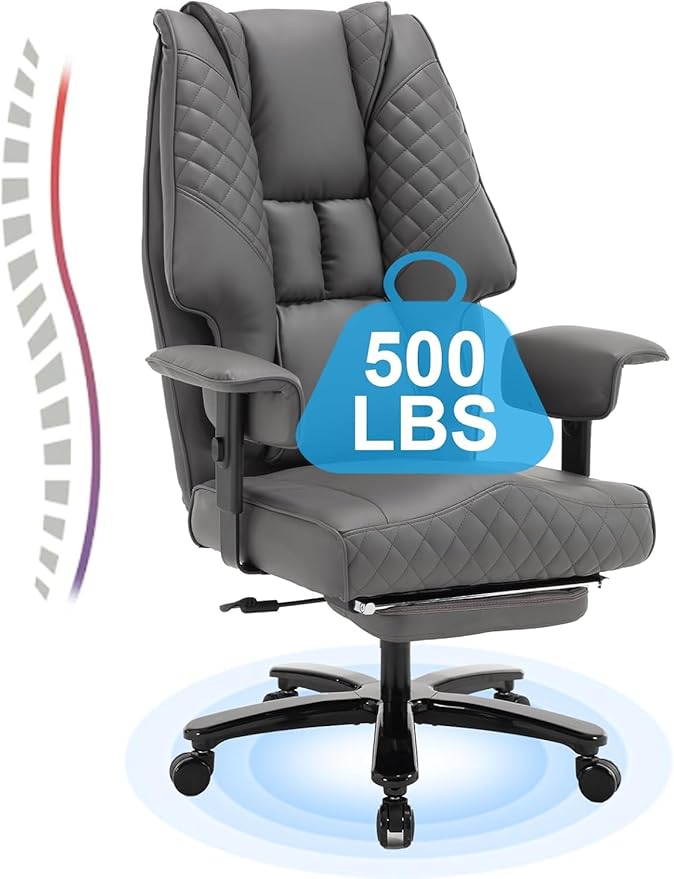 KCREAM 500lb Big and Tall Reclining Office Chair with Footrest, PU Leather Executive Computer Chair with Wheels Recliner Home Desk Chairs with Lumbar Support Swivel Task Chair for Heavy People,Grey