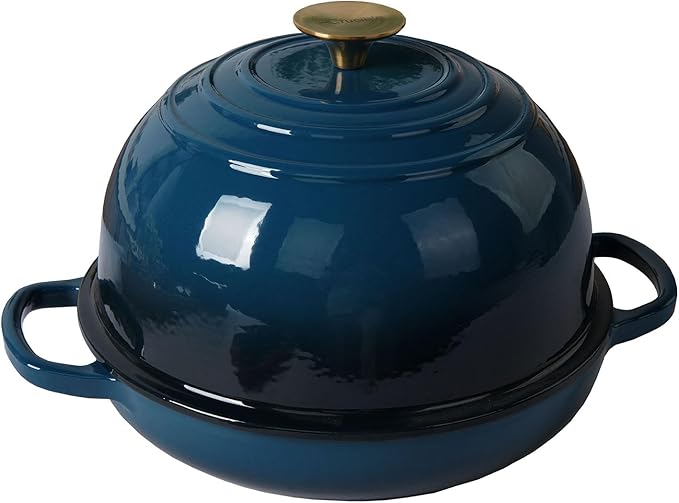 Crucible Cookware Enameled Cast Iron Bread Pan, Sour Dough Artisan Bread Oven – Dark Teal Blue – Round 26 cm, 6.25 L (6.6 qt) – Boule Pan with a Deep Lid for Steam Baking