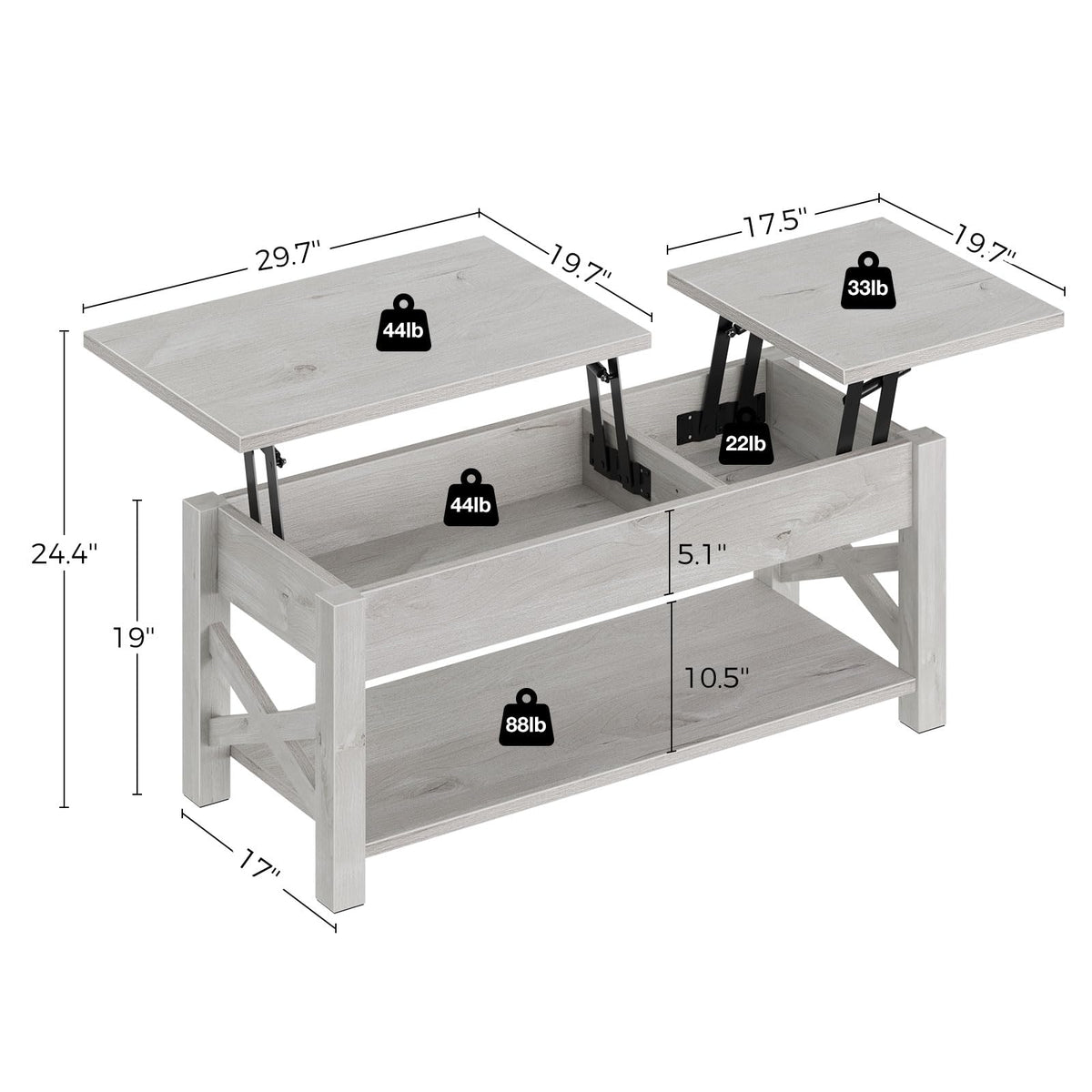 Rolanstar 47.2" Lift Top Coffee Table with Hidden Compartment, 2 Way Lift Top Coffee Table with Open Shelf & X Wooded Support, Farmhouse Center Table for Living Room, Grey