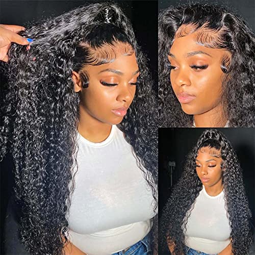Deep Wave Lace Front Wigs Human Hair Pre Plucked 180 Density 13x4 Curly HD Lace Front Wig Human Hair with Natural Hairline Wet and Wavy Glueless Lace Front Wigs for Women (20 Inch)
