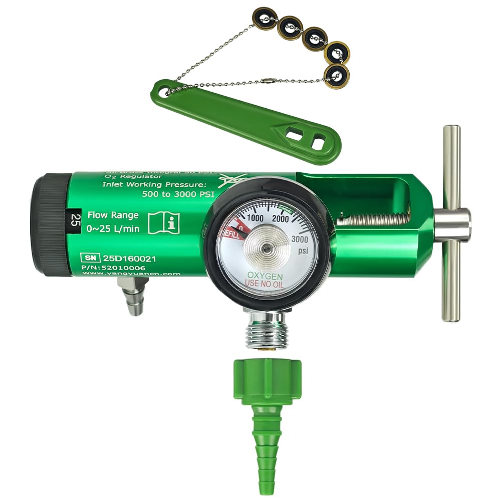Oxygen Regulator EMS Professional Grade CGA870, 0-25 LPM with Gauge, Dual Outlet (Check Valve & Barb), Brass Sleeve Design, Includes Wrench, Oxygen Tubing Swivel Nipple and 5 Brass Yoke Washer Seals