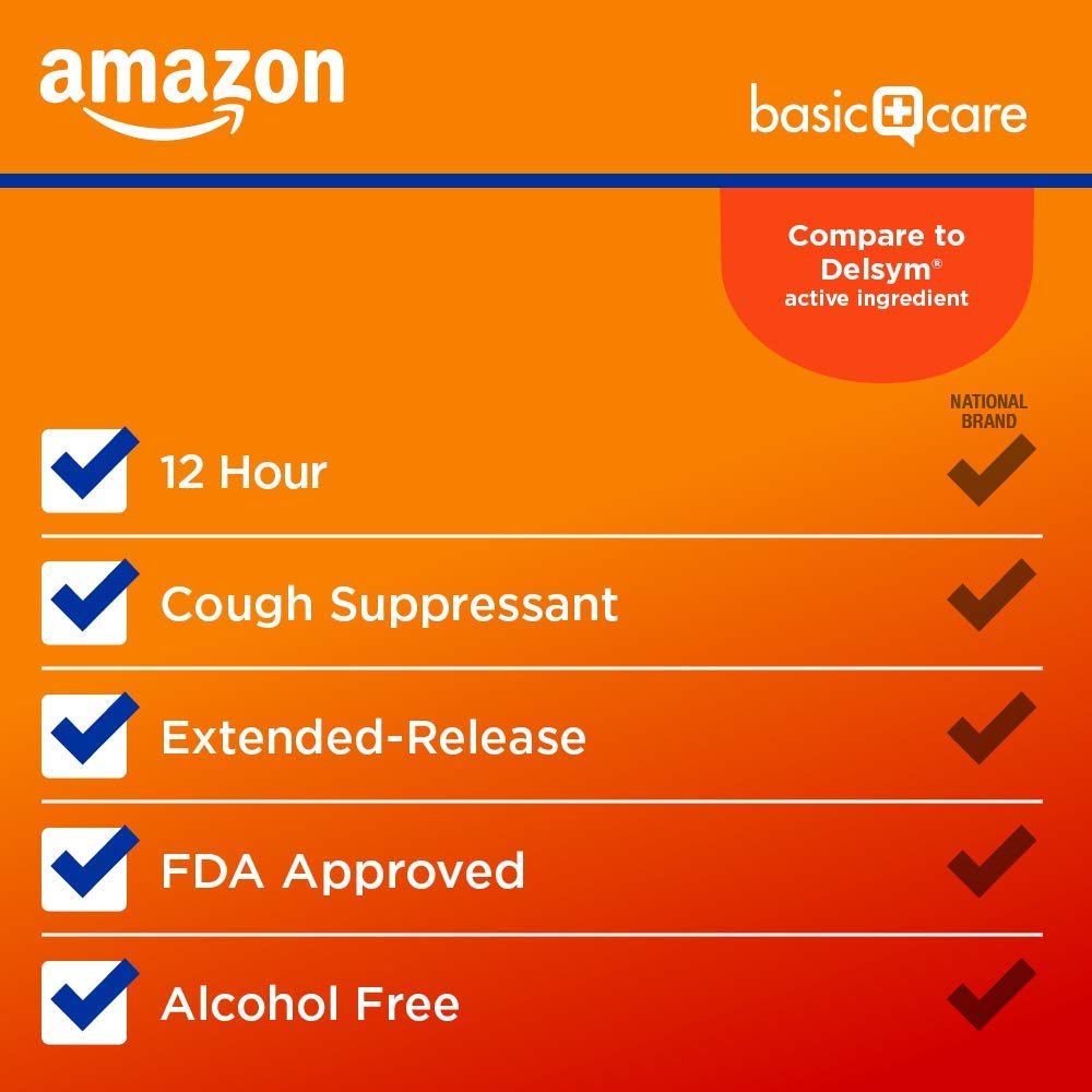 Amazon Basic Care 12 Hour Cough DM Syrup, Extended-Release Dextromethorphan, Orange Flavor Liquid Medicine, 5 fl oz (Pack of 2)