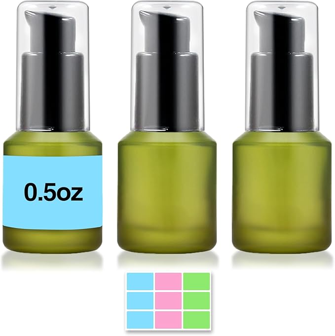 3PCS 15ML/0.5OZ Empty Green Frosted Glass Bottles with Pump Refillable Vial Cosmetic Dispenser Jars Storage Travel Lotion Container Portable Sample Bottle for Toiletries,Foundation,Cream,Gel,Lotion