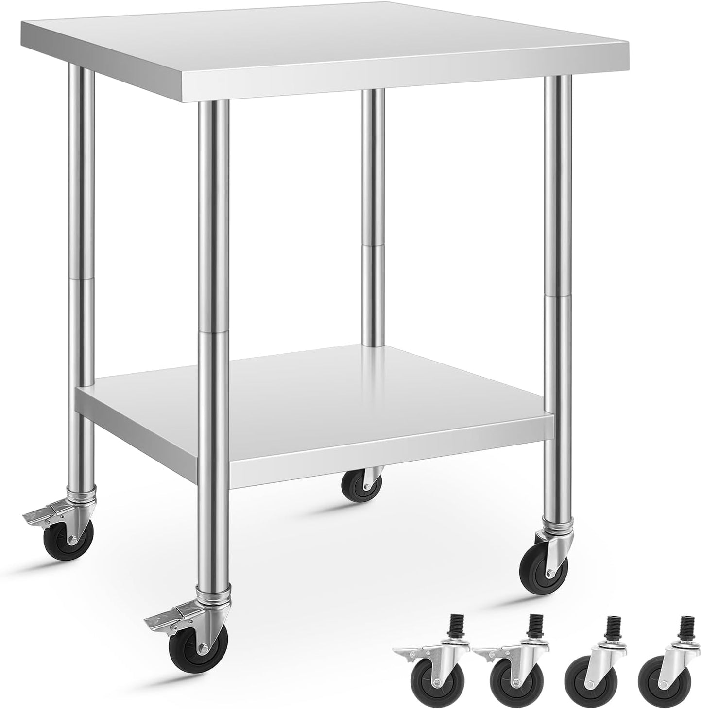 Stainless Steel Table for Prep & Work, with Caster Wheels, Two with Brakes, Metal Table for Commercial Restaurant, Warehouse and Hotel (24 x 30 Inches)