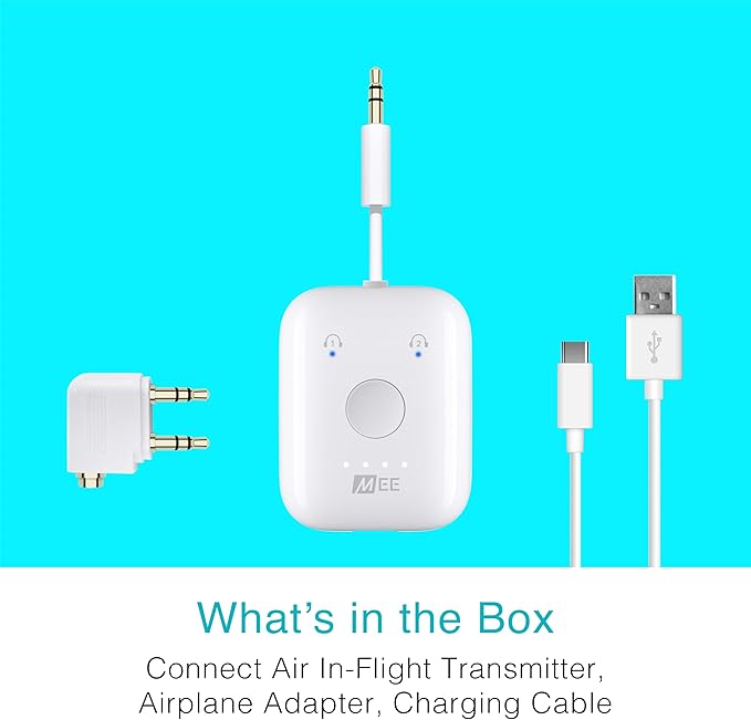 MEE Audio Connect Air in-Flight Bluetooth Wireless Audio Transmitter, with Extra Dual 3.5mm Jack AUX Adapter, for up to 2 AirPods/Other Headphones; Works with All 3.5mm Aux Jacks, White