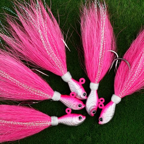 Alwonder 5-Pack Bucktail Jigs Hair Jigs Saltwater Freshwater Fishing Bucktail Lures Surf Fishing Jig Heads White Luminous ...