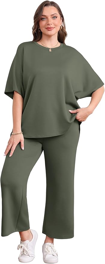 Sampeel Two Piece Sets for Women Summer Outfits Oversized Wide Leg Crop Pants Lounge Sets Airport Beach Vacation Clothes