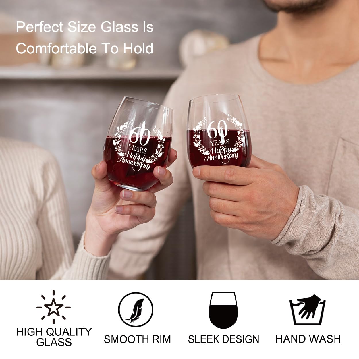 Perfectinsoy 60 Years Happy Anniversary Wine Glass Set of 2, 60th Anniversary Wedding Gift For Mom, Dad, Wife, Soulmate, Couple, Funny Vintage Unique Personalized, 60 Years Gifts, Wedding Gifts