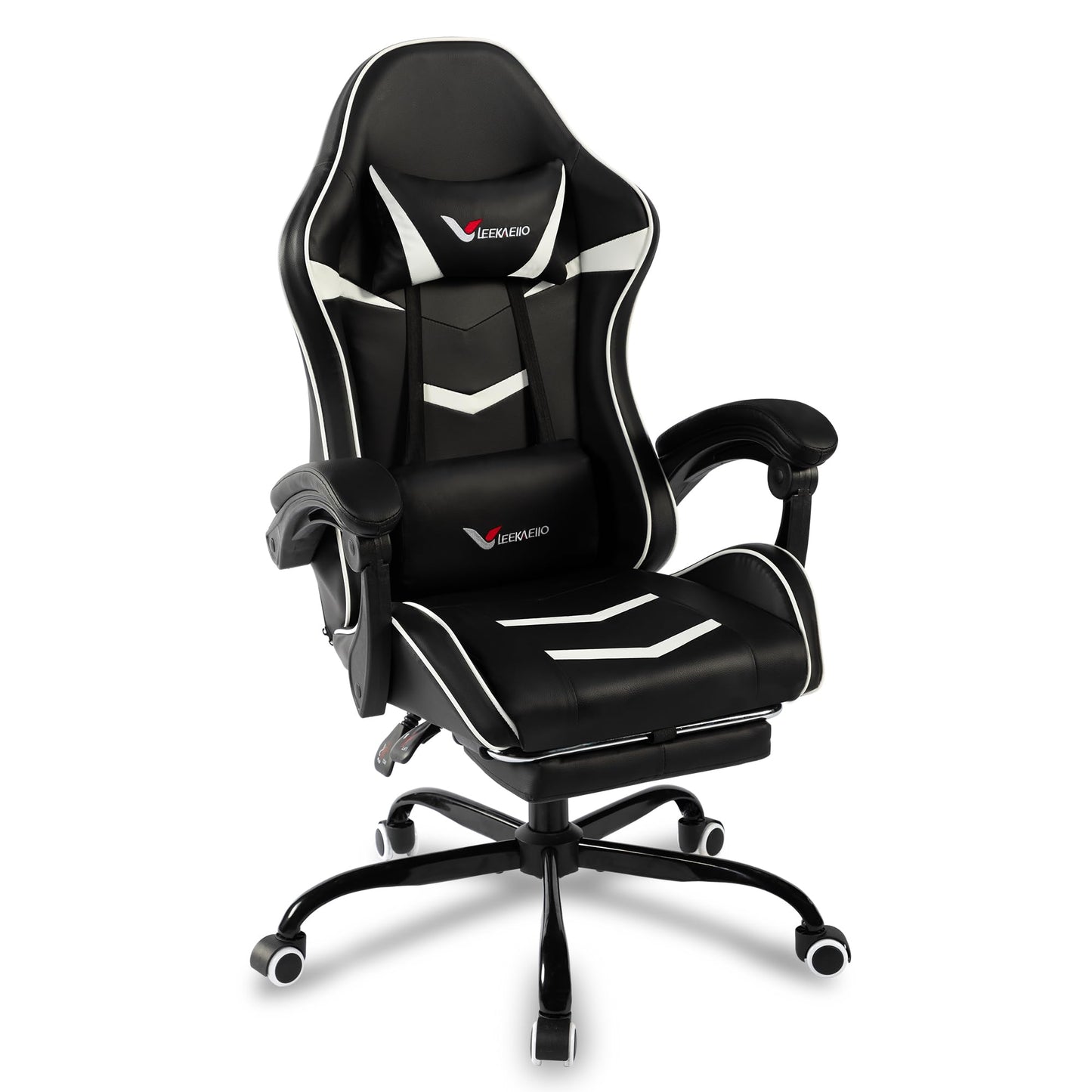 Gaming Chair for Adults, Ergonomic Gamer Chair with Footrest, Spring Pocket Cushion, Computer Office Desk Gaming Chair with Enlarged Metal Base, Linkage Armrests, Lumbar & Headrest (Black & White)