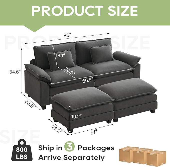 Oprisen 86" Modular Sectional Sofa, Comfy Cloud Couch Sectional Sofa with Ottoman, Velvet Sofa Sleeper Deep Seat Sofa with Throw Pillows for Living Room (Blue Grey)
