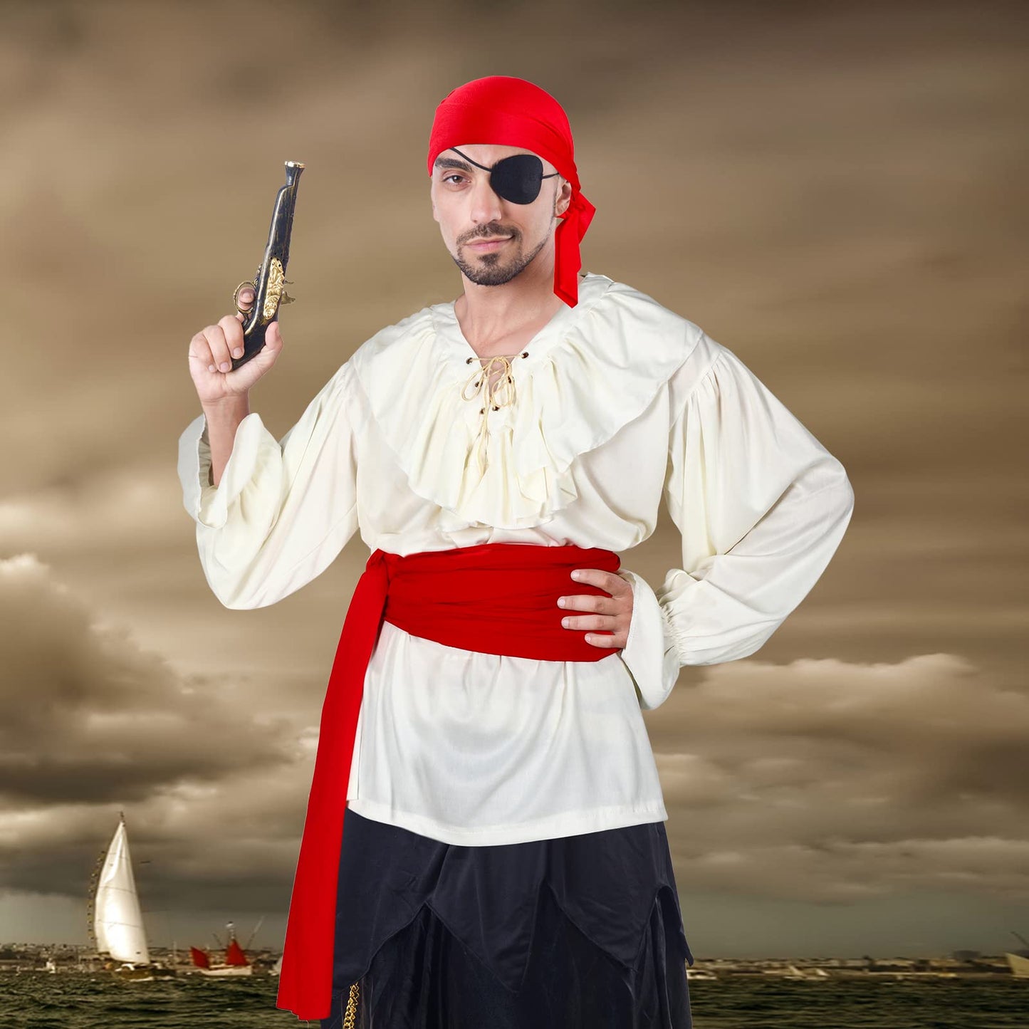 Unittype 3 Pieces Pirate Costume for Men, Pirate Shirt Head Scarf and Sash Belt Costume for Men(White, Red)