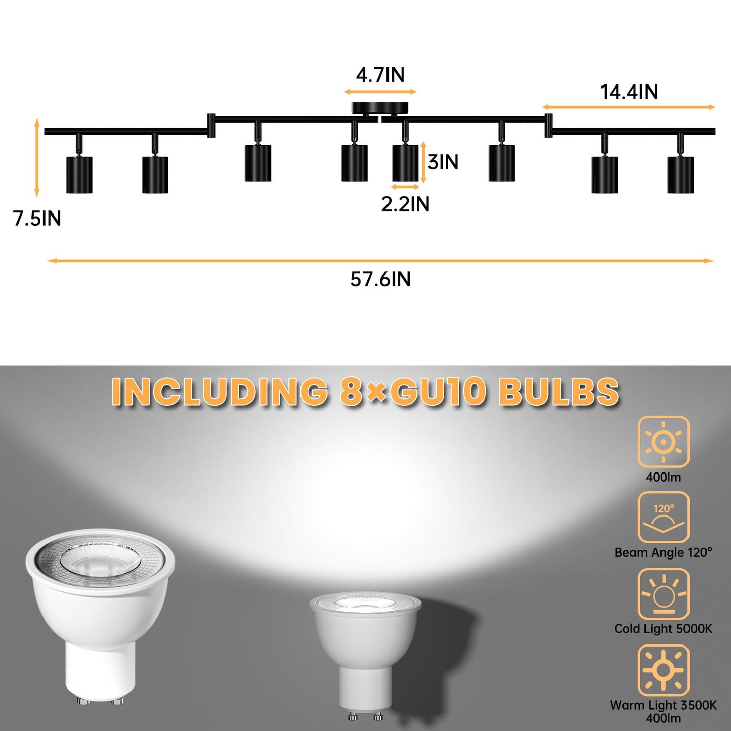 Lavendex LED 8 Light Track Lighting Kit, Dimmable Ceiling Spot Lighting Includes 8 x GU10 Bulb, Modern Track Light Fixture with Rotatable Heads for Kitchen, Living Room, Bedroom