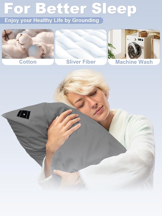 YOUBLAO Grounding Pillowcase, 90% Organic Cotton and 10% Silver Fiber Grounding Pillow Case with 15ft Grounding Cord, Gray Sleep Pillow 20x30 inch for Improve Sleep Improving Energy