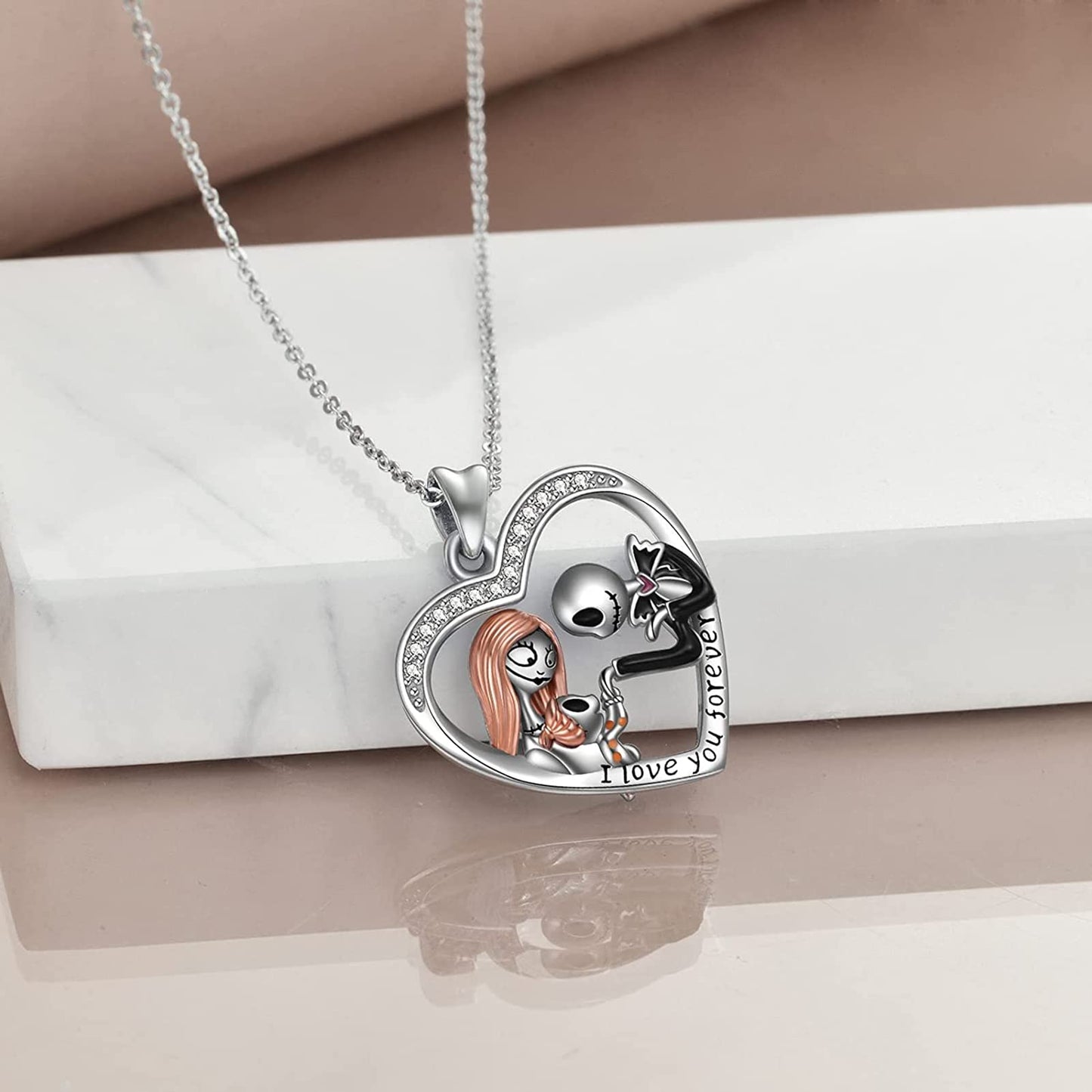 Aoyosic Nightmare Necklace Gifts Sterling Silver Jack Infinity Heart Family Pendant I Love You Forever Skull Jewelry Birthday Gifts for Women Gothic Jewelry Christmas Birthday Gifts
