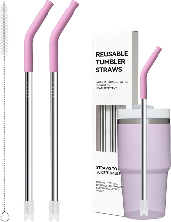 Metal Straws for Stanley Cups 14 oz & 20 oz,Replacement Stainless Steel Short Straw with Silicone Tip Reusable for Stanley Quencher H2.0 Small Tumbler,Dishwasher Safe,100% BPA Free(8.6″ Purplish Pink)