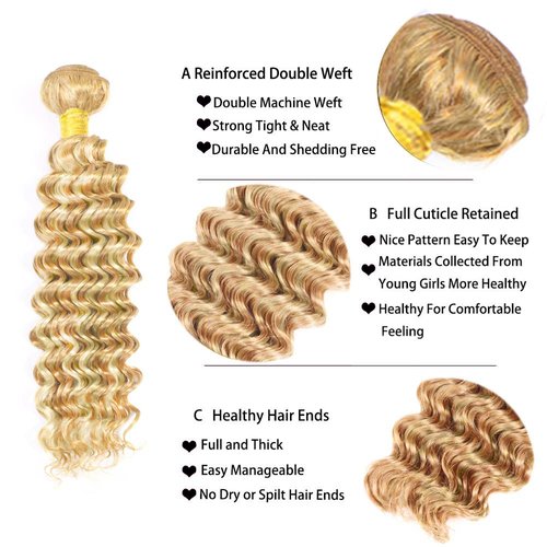 613 Human Hair Bundles Blonde Deep Wave Bundle 613/27 Human Hair Bundle 20 22 24 inch Honey Blonde 3 Bundles 300g