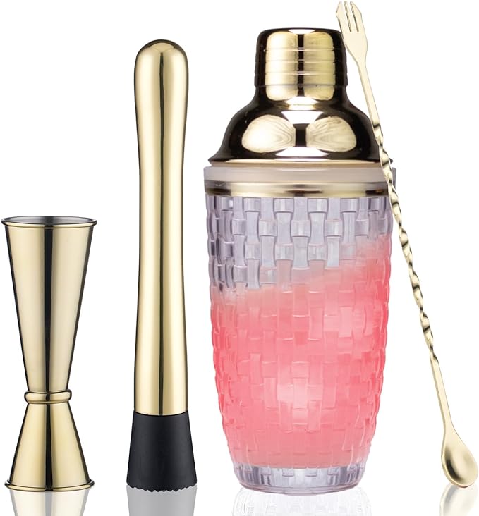 FayuuGem Gold Cocktail Shaker Set - 13oz Glass Mixing Kit with Secure Seal Lid & 4 Bar Tools, Home Bartender Essentials fo...
