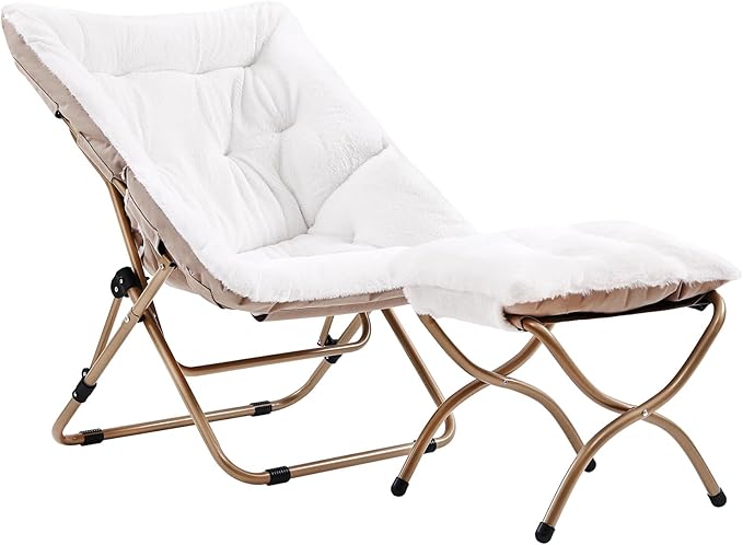 Givjoy Comfy Folded Chair with Ottoman, Oversized Folding Faux Fur Chair Soft Furry Lounge Lazy Chair with Metal Frame Moon Chair Accent Chair for Bedroom, Living Room, Dorm Rooms