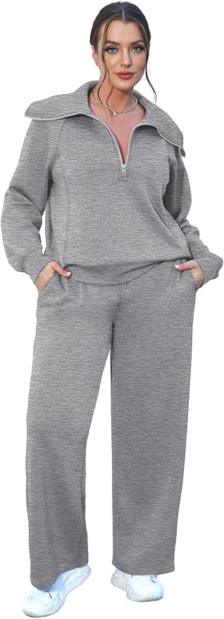 XIEERDUO Lounge Sets For Women 2025 Half Zip Sweatshirt And Wide Leg Sweatpant 2 Piece Outfits Sweatsuit Tracksuit