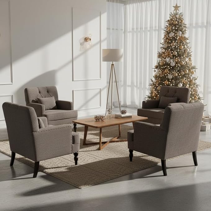 HUIMO Tufted Club Chair with Lumbar Pillow,Upholstered Button Armchair,Accent Reading Chair,Linen Fabric Sofa Chairs for Bedroom, Living Room, Mid Century Modern with Studded Chair Grey